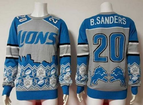 Nike Lions #20 Barry Sanders Blue/Grey Men's Ugly Sweater - Click Image to Close